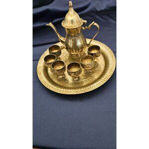 Vintage Brass Tea Set with Tray & 6 Cups - Made in India Silver Overlay